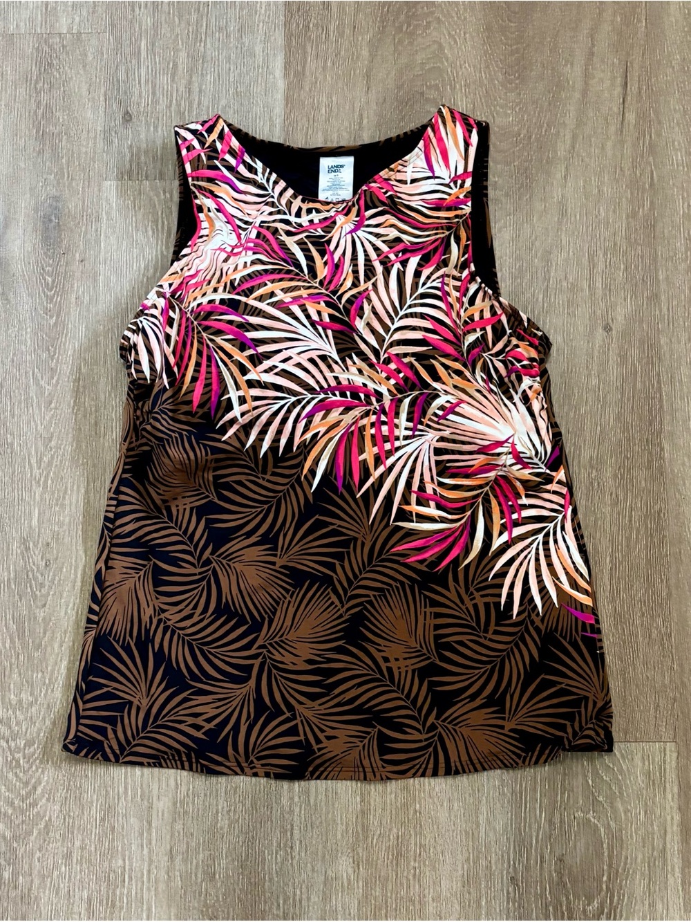 Lands' End Tropical Palm Print Tank Top - Black, Brown & Pink Size 14 D cup
